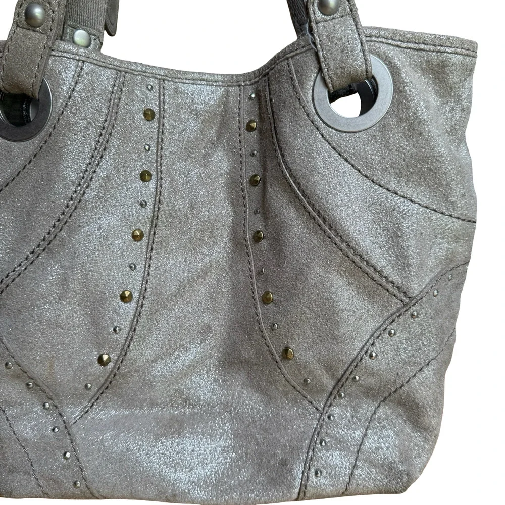 Fossil Metallic Suede Leather Double Handle Shoulder Bag Tote Purse 13x11x4